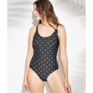 Kona Sol Women’s Size Medium Laser Cut One Piece Swimsuit Black/Tan